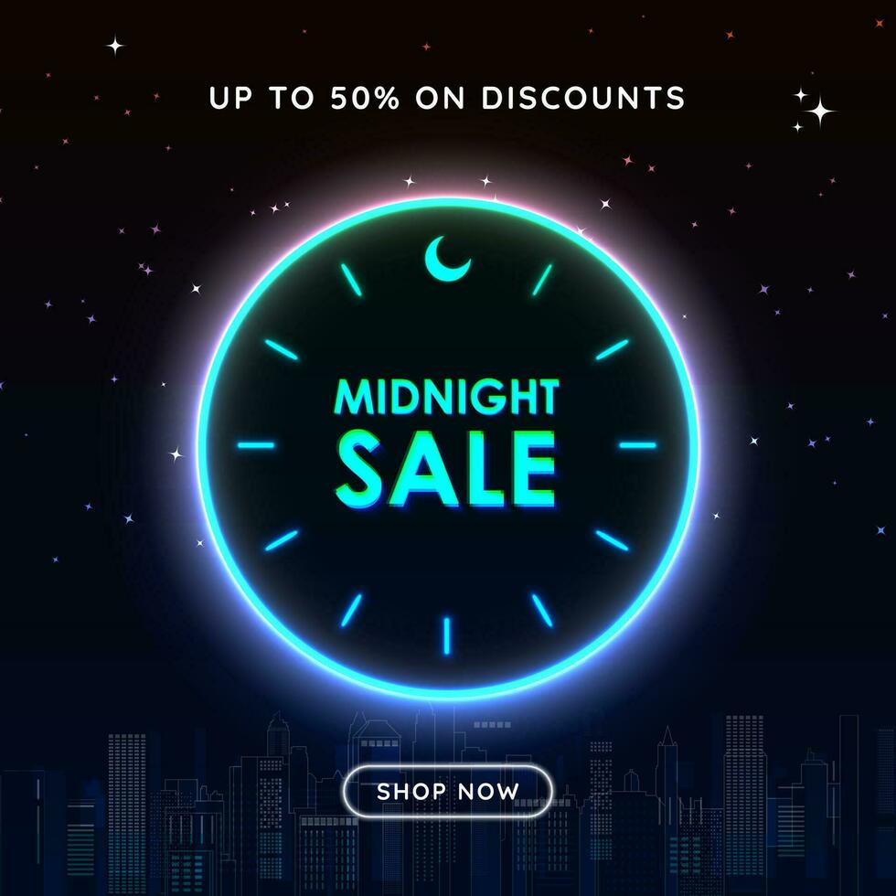 Midnight Sale sign card poster on dark background cityscape with night stars, inside a neon clock with crescent moon. Up to 50 off and more tag. Shop Now button. Vector Illustration.