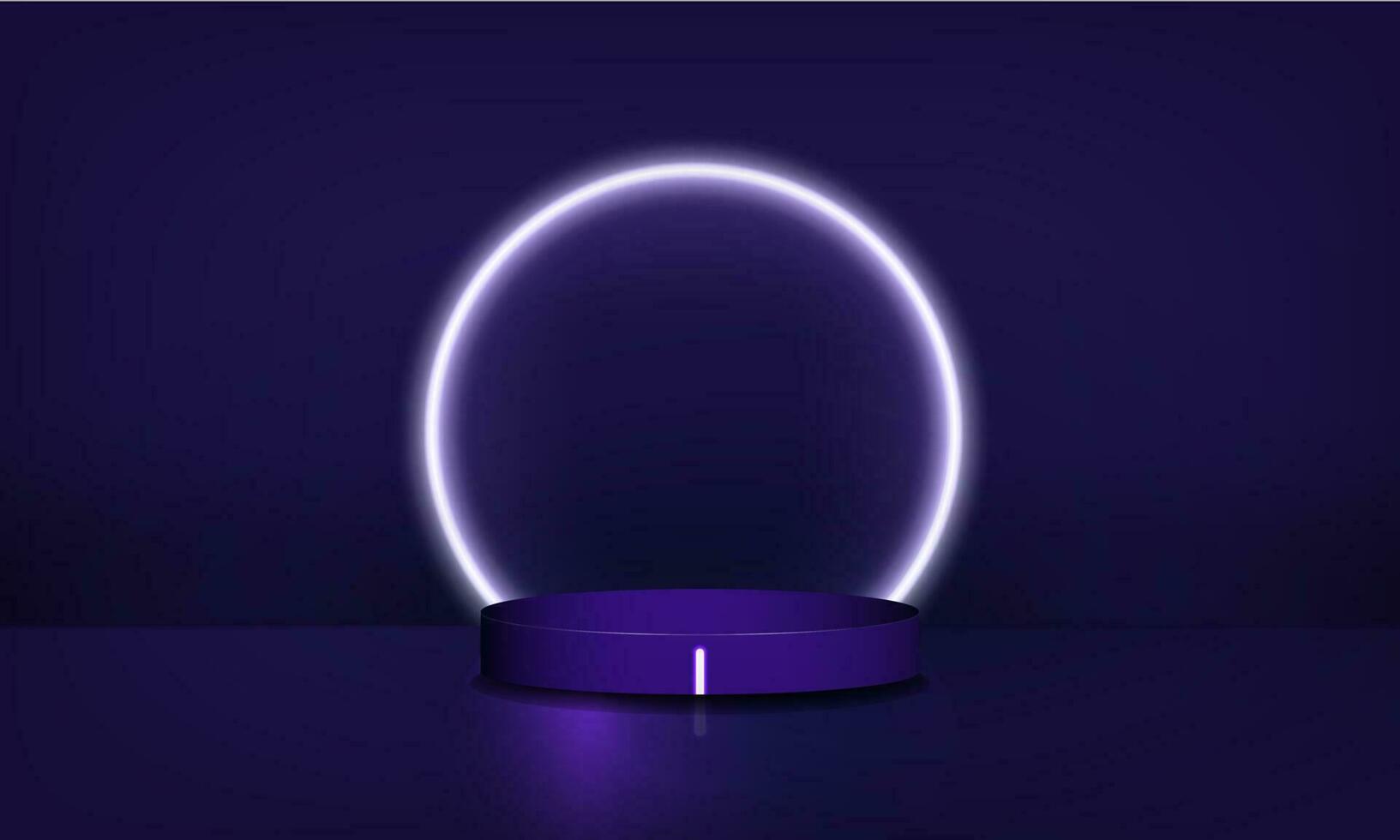 Realistic Dark Blue cylinder pedestal podium with glowing light line and neon lamp ring in minimalistic interior space. Minimal scene for products showcase, Stage promotion display. Vector. EPS 10 vector