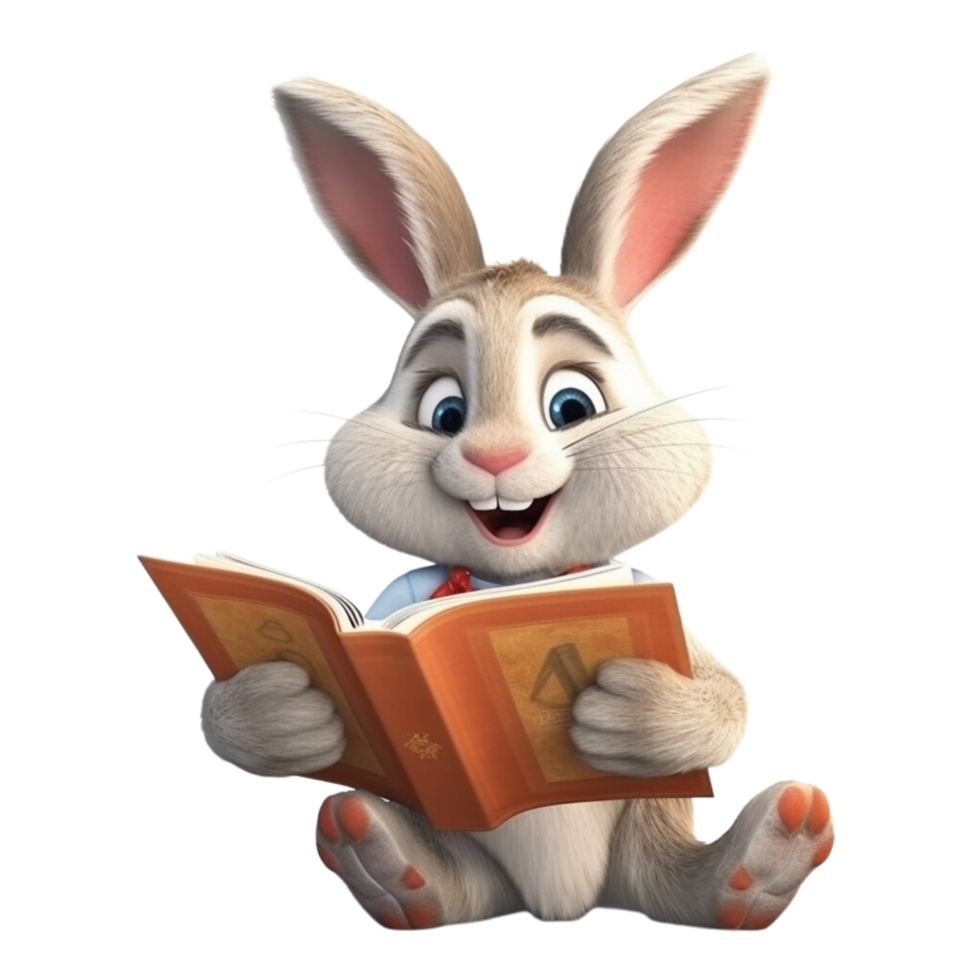 a rabbit reading a book 3d cartoon character with png