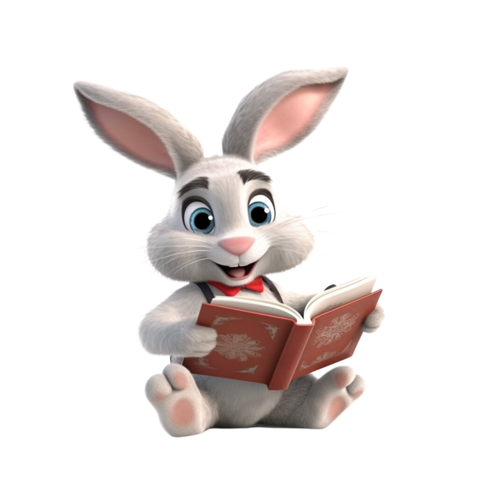 ai généré une lapin en train de lire une livre 3d dessin animé personnage avec png