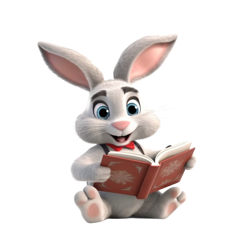 a rabbit reading a book 3d cartoon character with png