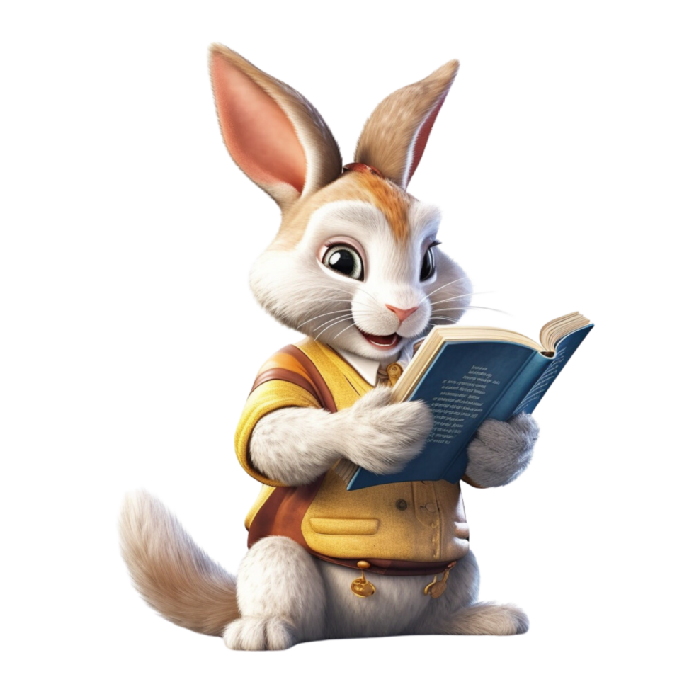 a rabbit reading a book 3d cartoon character with png