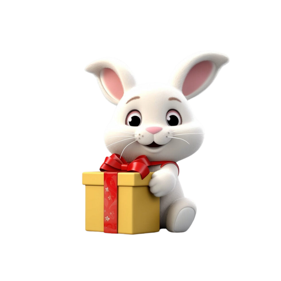 ai generiert ein Hase halten ein Geschenk Box 3d Karikatur Charakter png