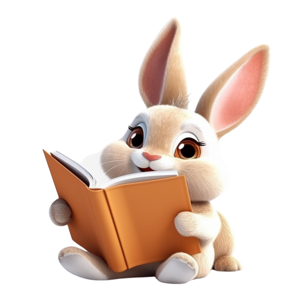 a rabbit reading a book 3d cartoon character with png