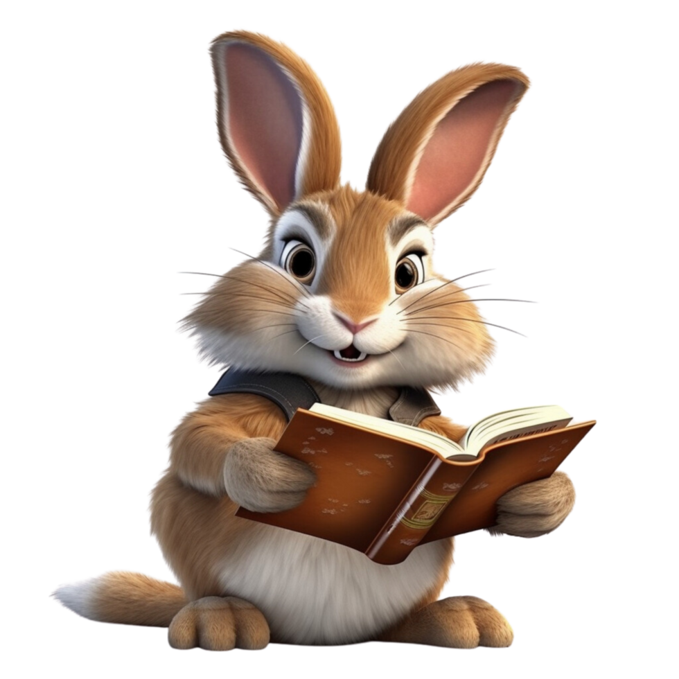 a rabbit reading a book 3d cartoon character with png