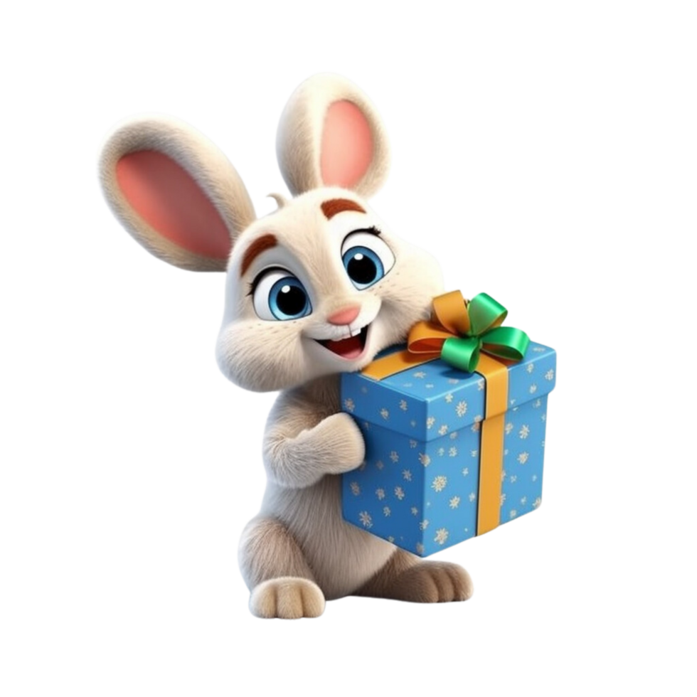a rabbit holding a gift box 3d cartoon character png
