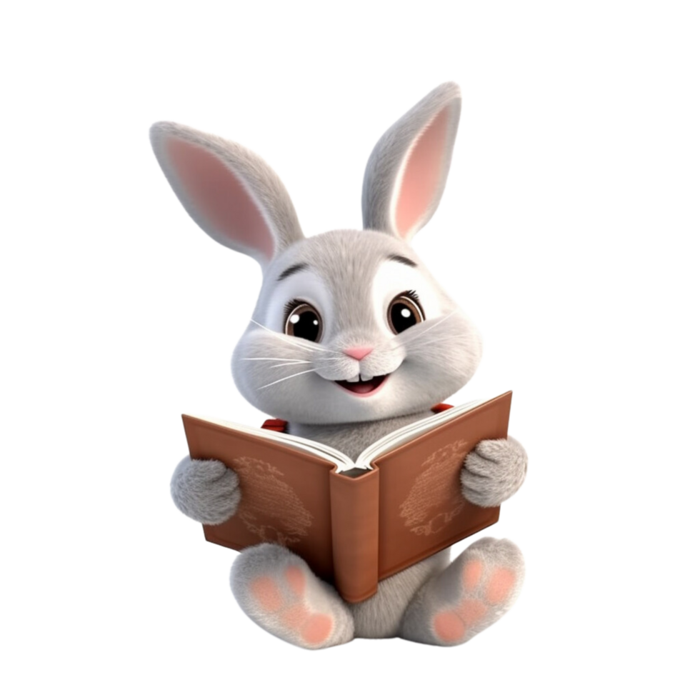 a rabbit reading a book 3d cartoon character with png