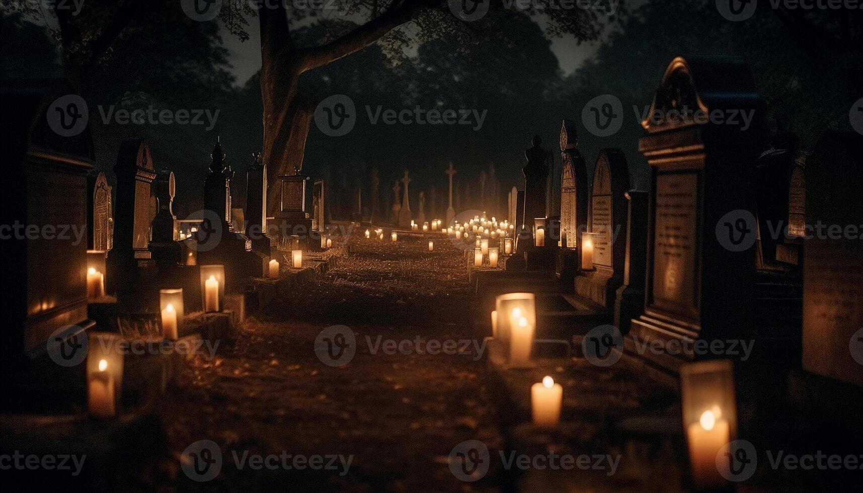 Dark candlelight illuminates spooky tombstone at night generated by AI photo