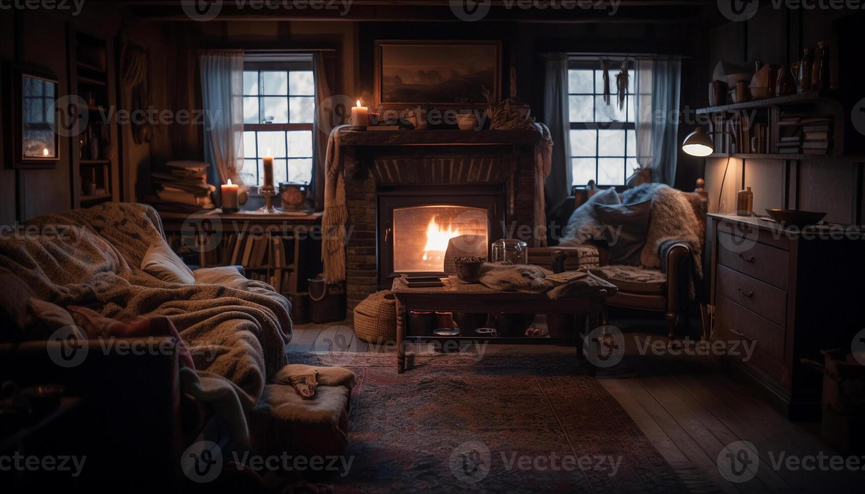 Cozy bedroom with rustic decor and fireplace generated by AI photo