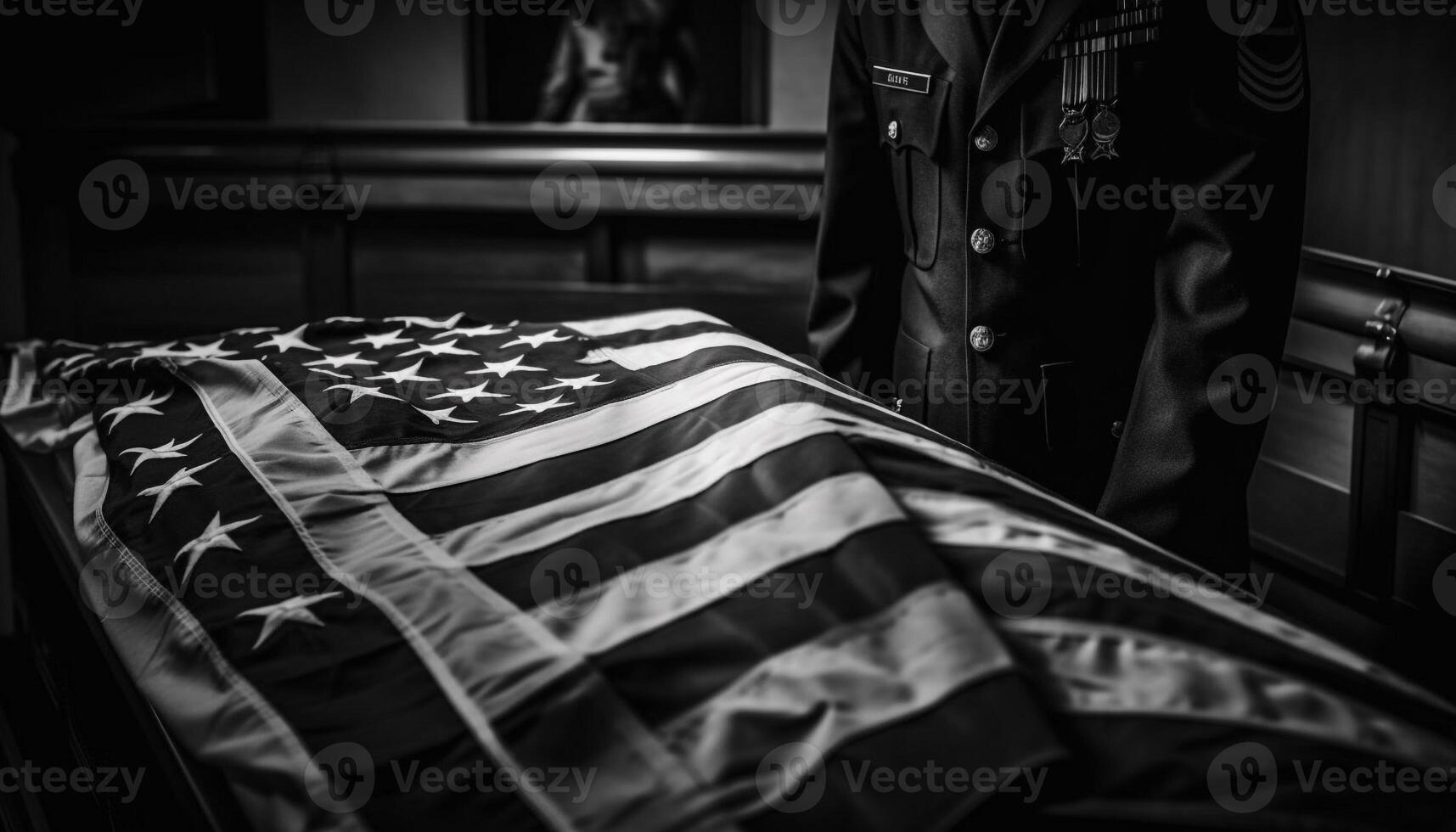 Patriotic businessman holds flag, eye on freedom generated by AI photo