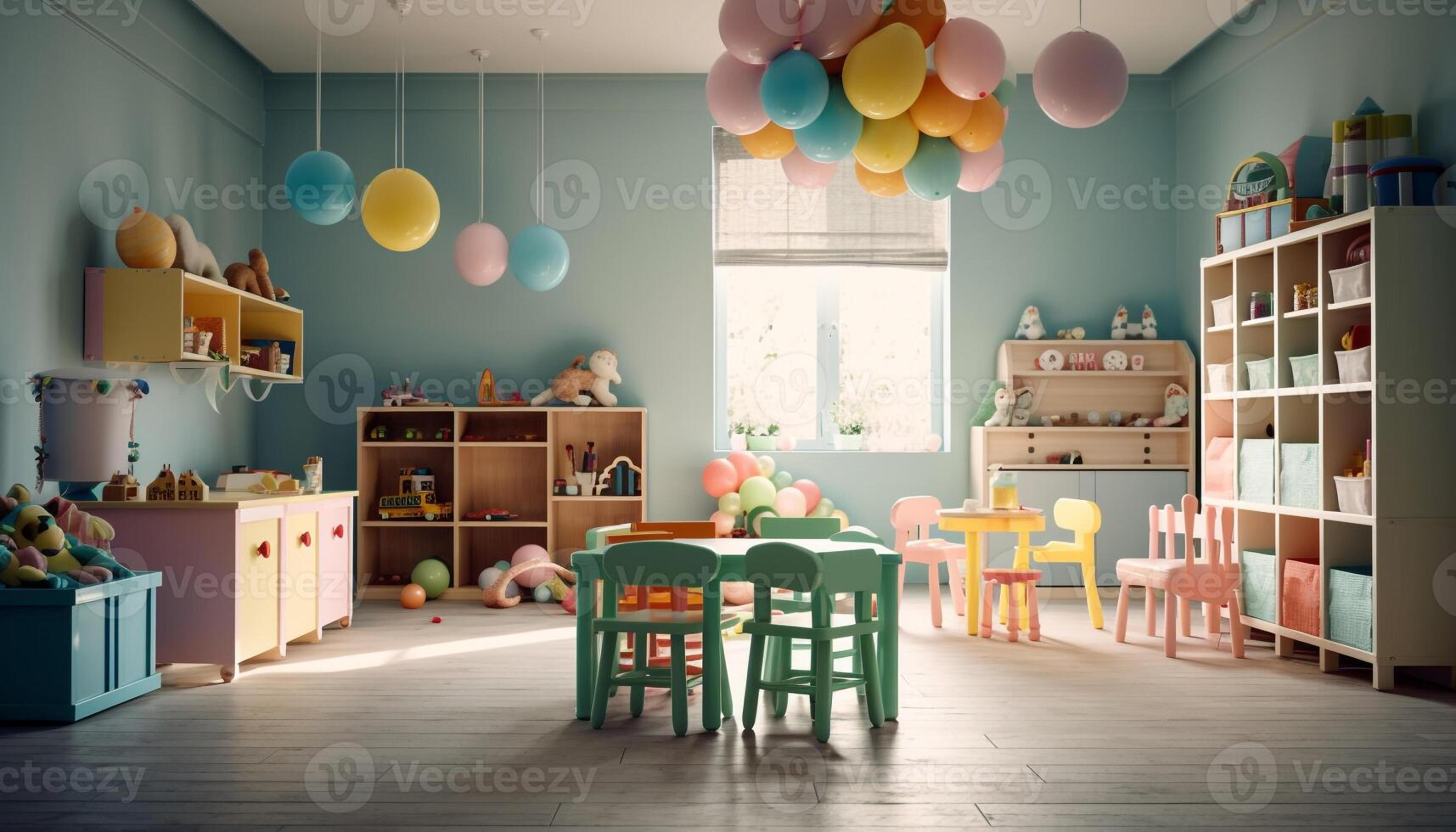 Bright colored playroom with toys, chairs, and books generated by AI photo