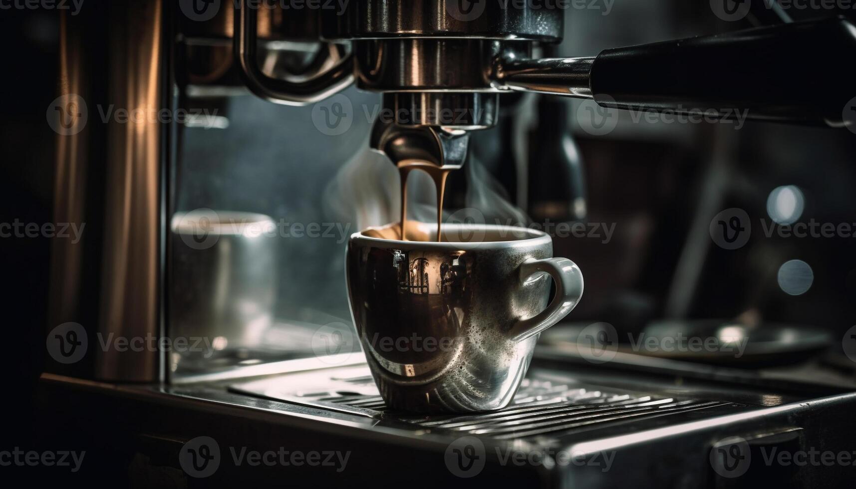 Foamy latte poured from espresso maker indoors generated by AI 24653531