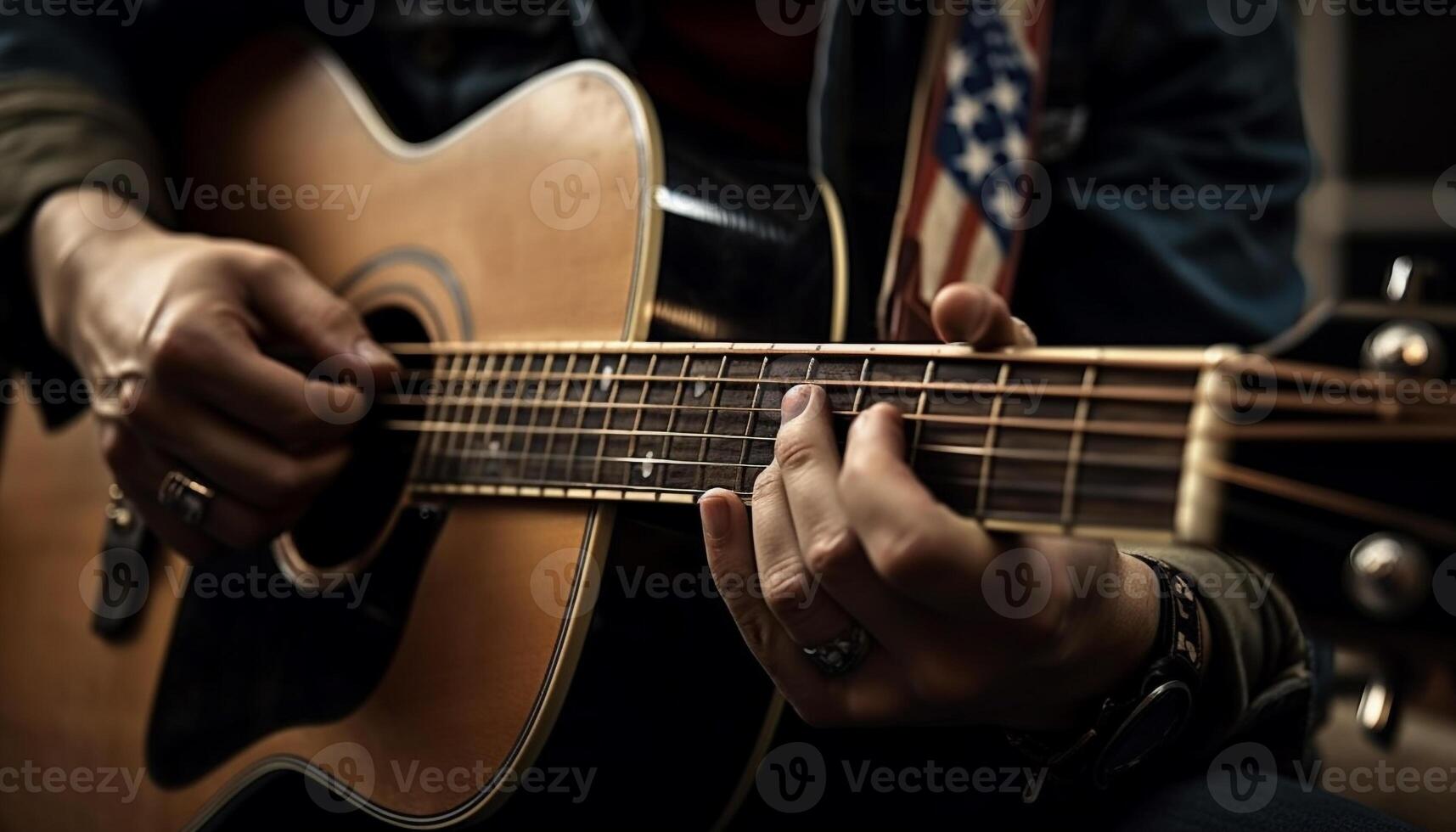 Young guitarist playing an acoustic guitar outdoors generated by AI photo