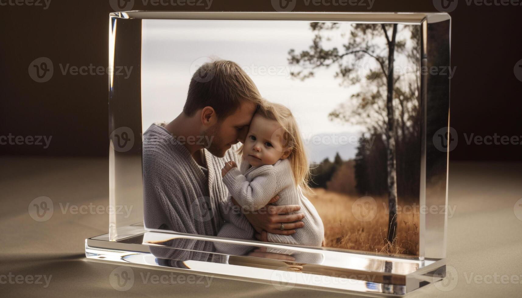 Father holds toddler, both smiling with joy generated by AI photo