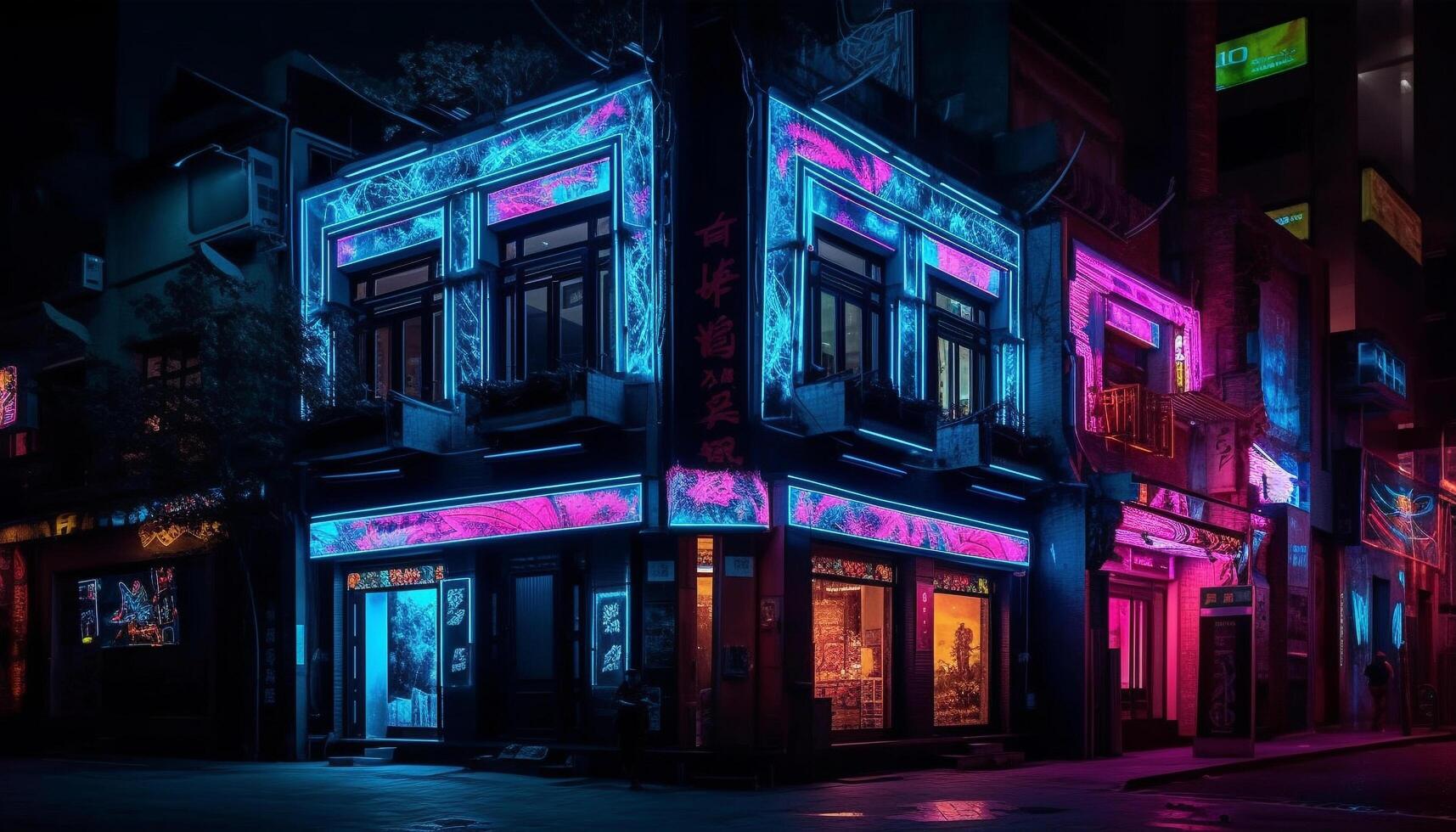 Glowing nightlife vibes in modern city streets generated by AI photo