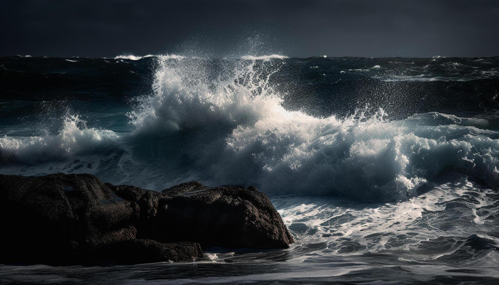 Breaking waves spray, crashing on rocky coast generated by AI photo