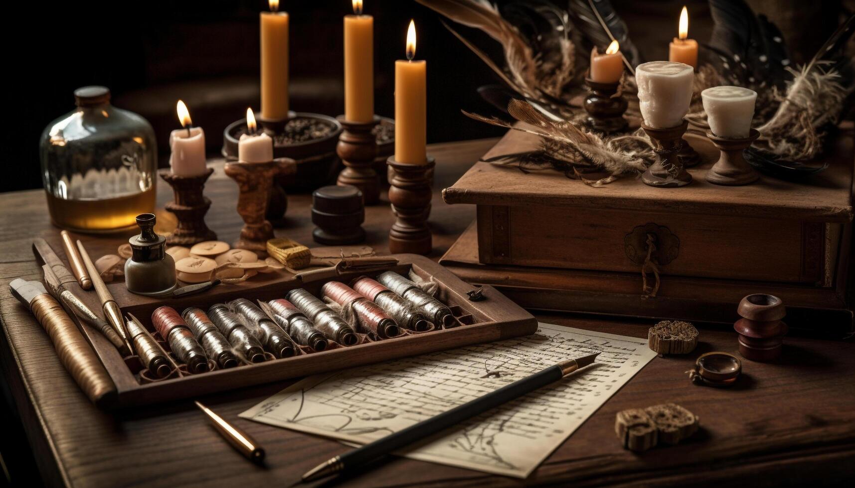 Antique quill burns as literature weapon on desk generated by AI photo