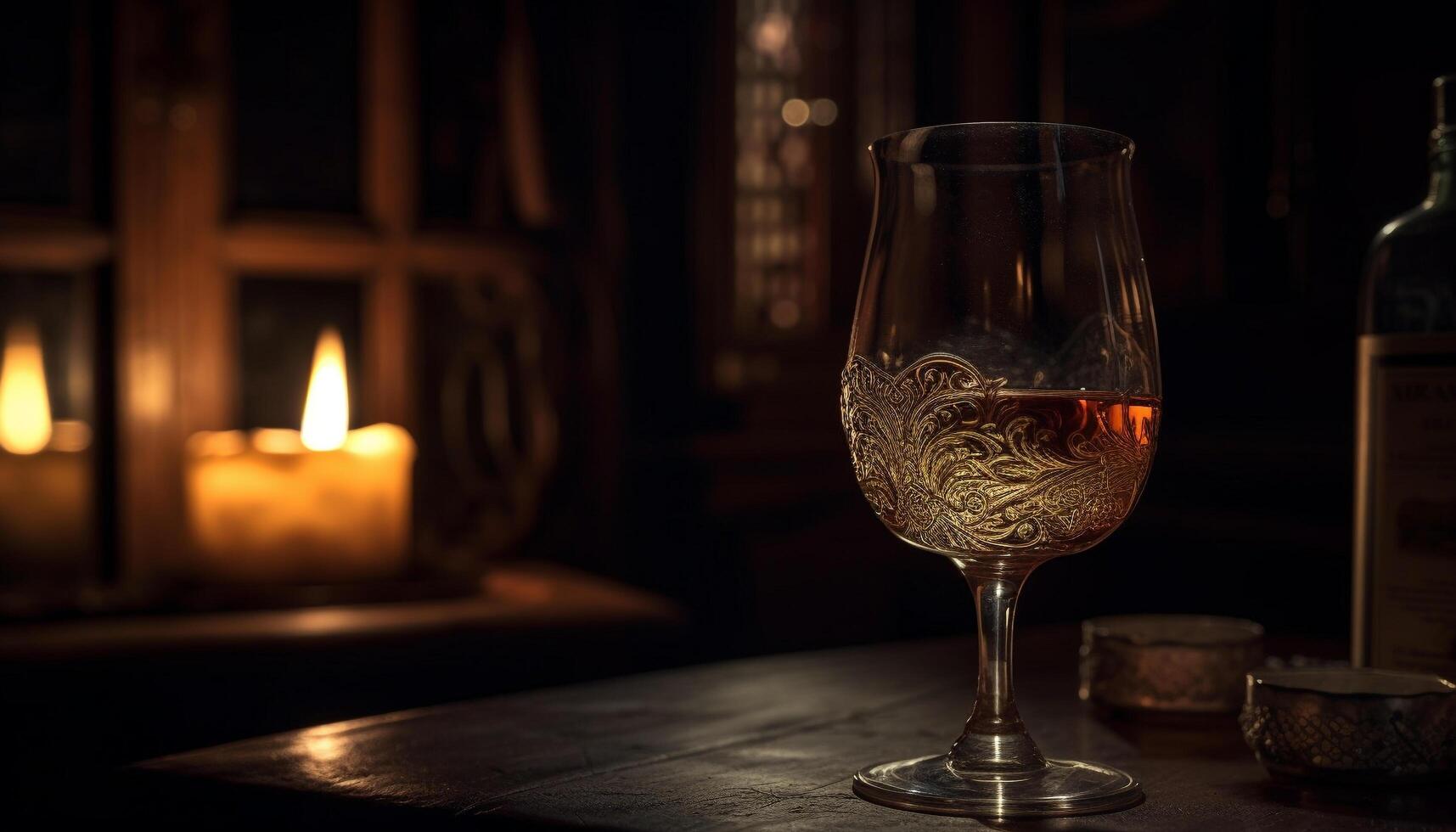 Luxury table, candlelight, wine, whiskey flame Romance generated by AI photo