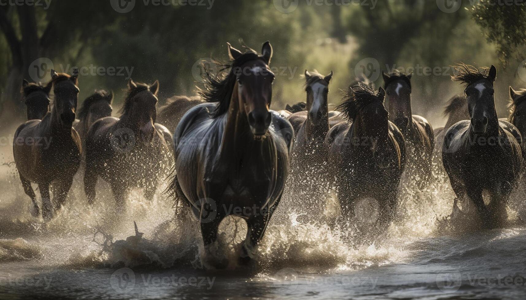Running herd of horses splashing through water generated by AI 24653703