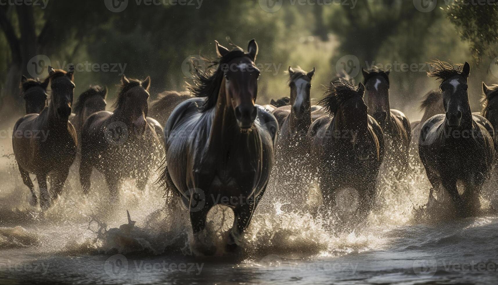 Running herd of horses splashing through water generated by AI photo