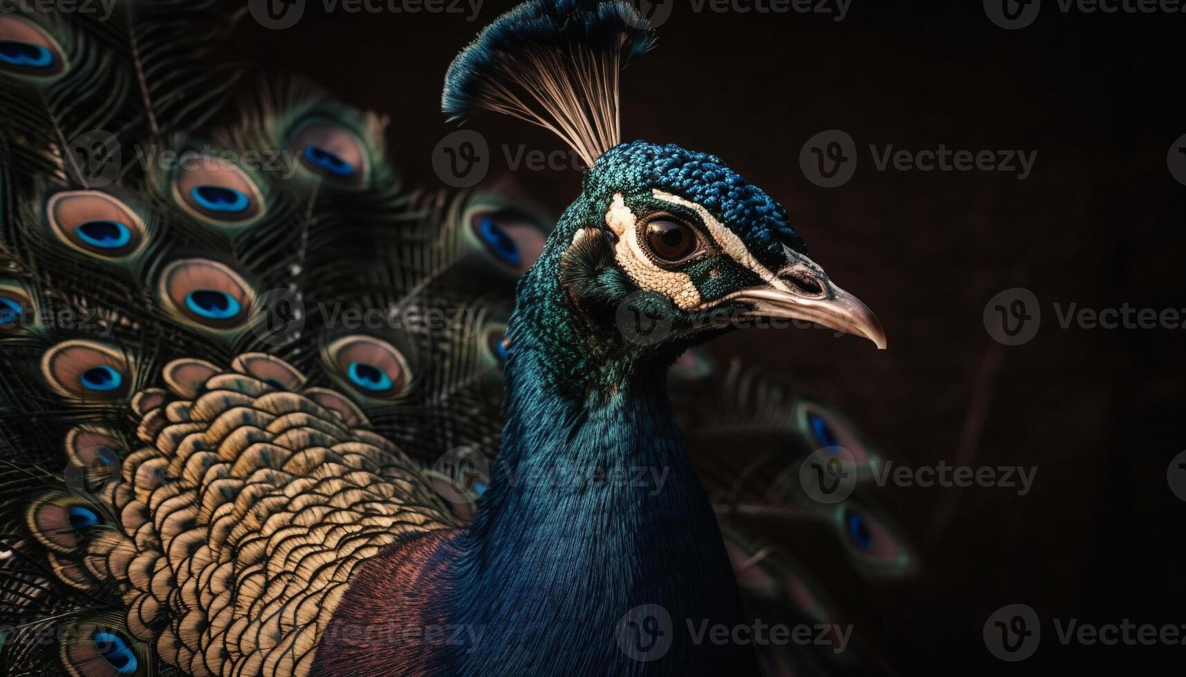 Majestic male peacock shows off colorful crown generated by AI photo