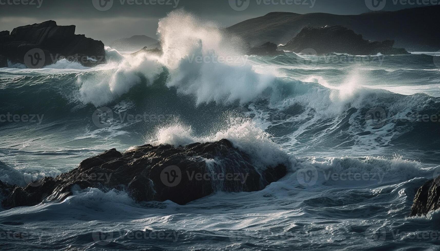 Breaking waves spray in blue waters, beautiful landscape generated by AI photo