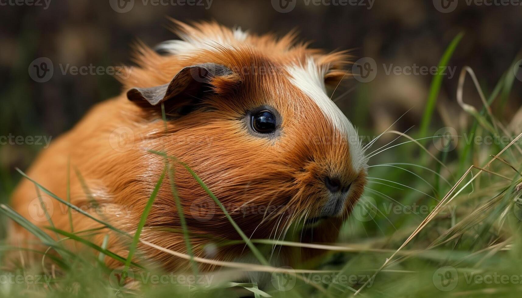 Cute guinea pig munching on grass outdoors generated by AI photo
