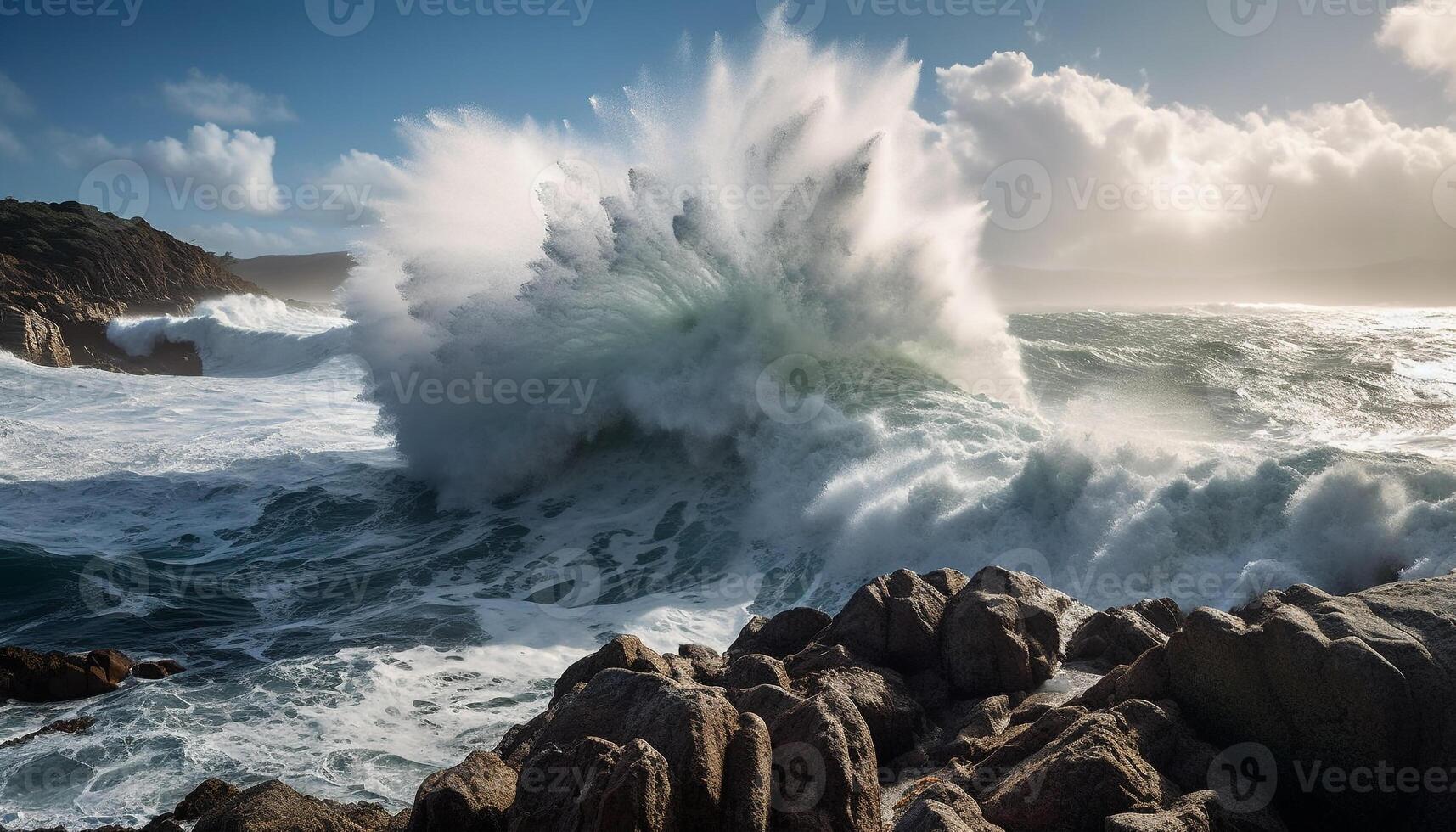 Breaking waves spray foam on rocky coastline generated by AI photo