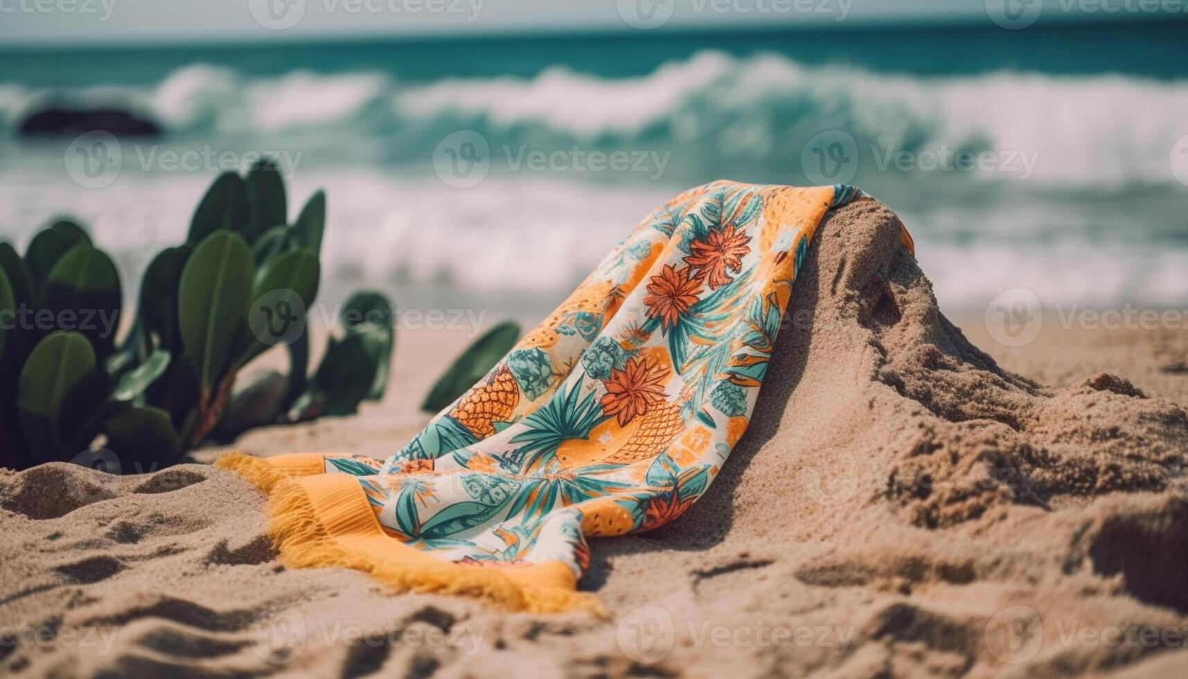 Yellow sunlight sets on tranquil sandy beach generated by AI photo