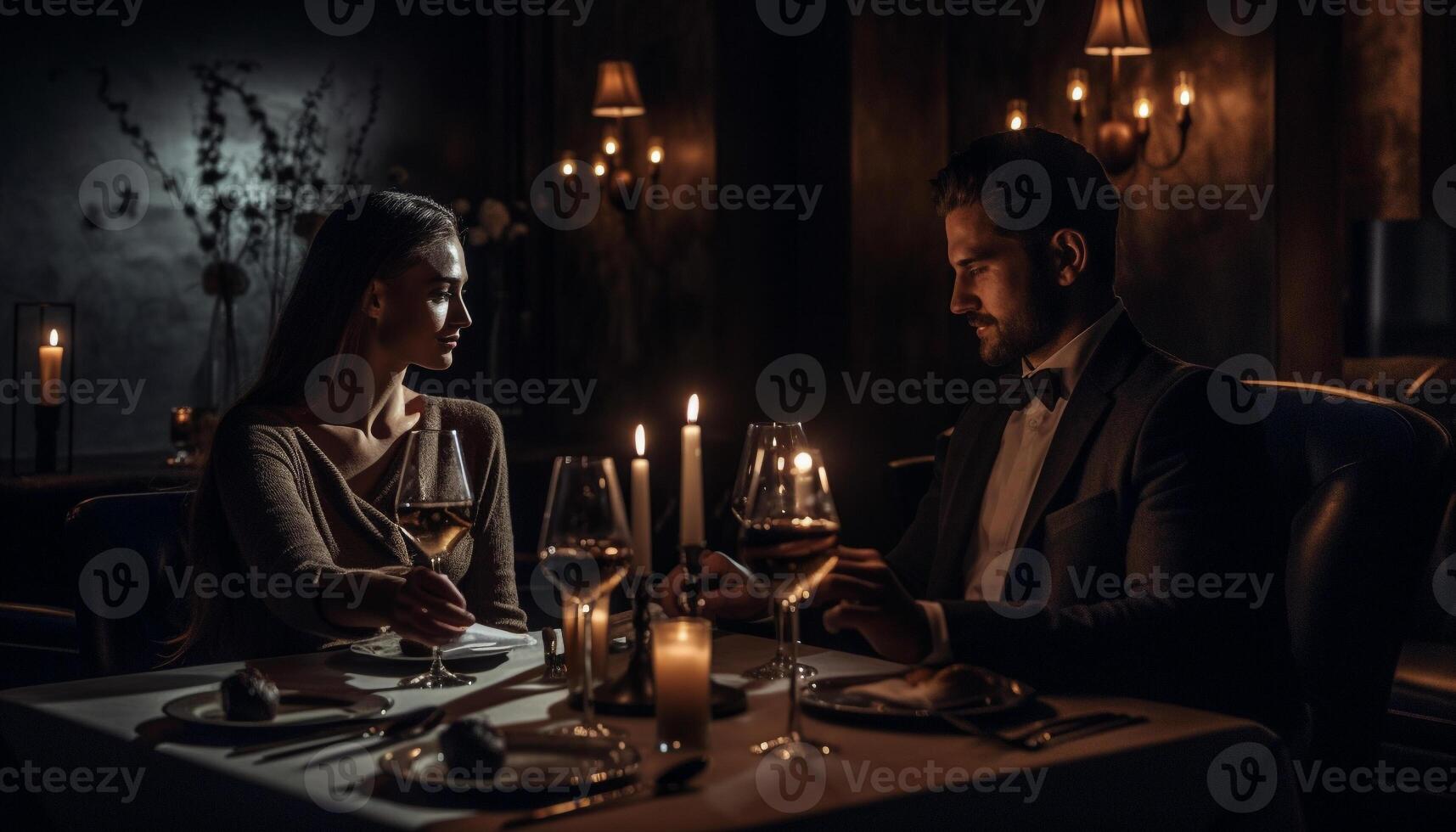 Romantic evening shared, wine and candlelight generated by AI photo