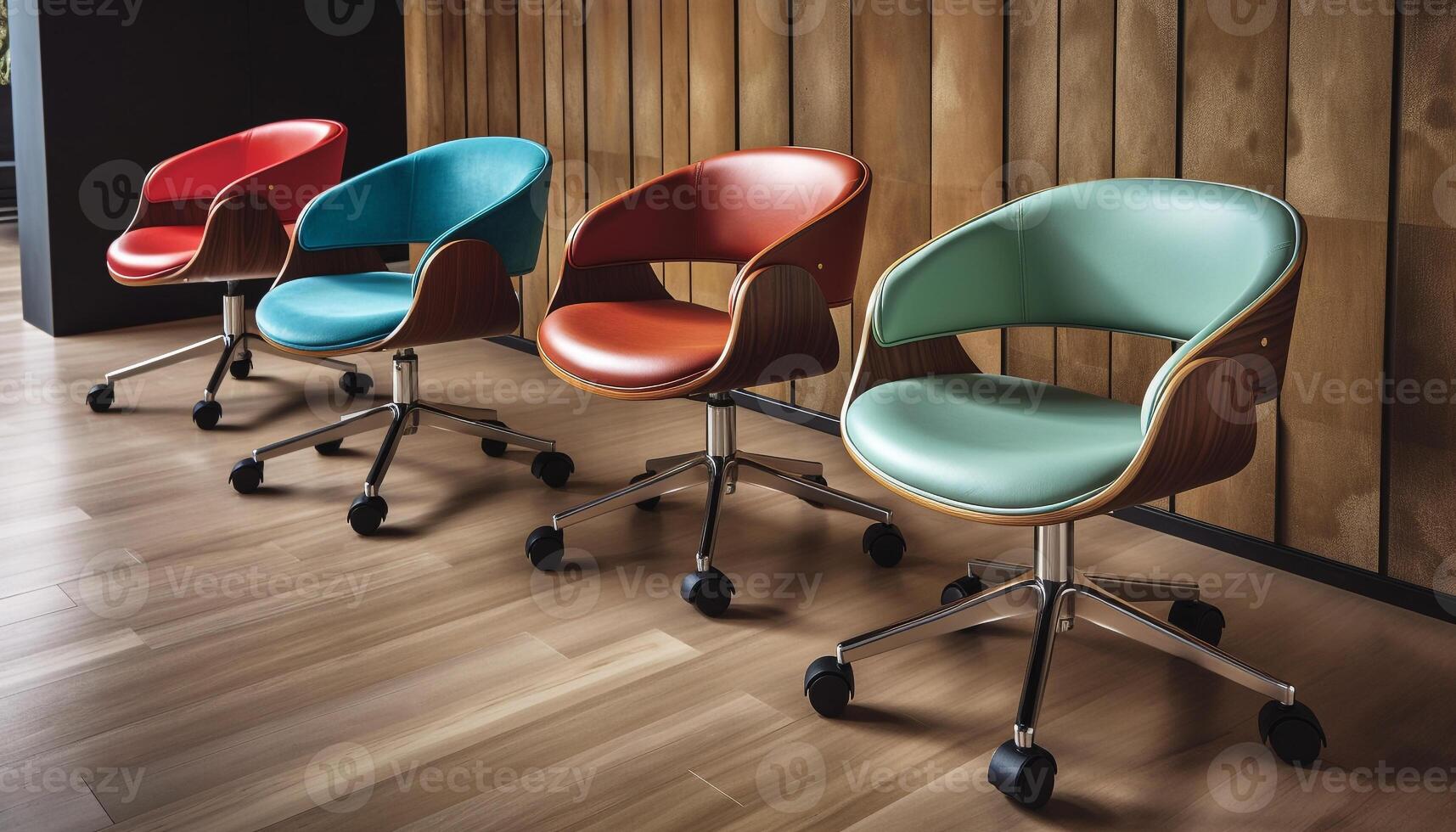 Modern wooden chairs in a row waiting room generated by AI photo