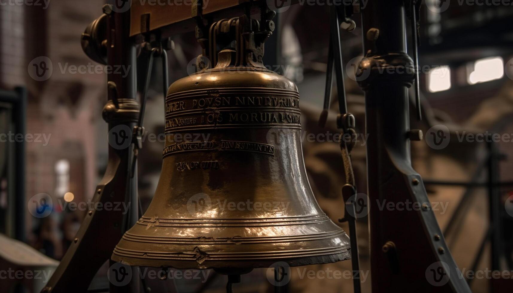 Shiny bell hanging in ancient chapel darkness generated by AI photo