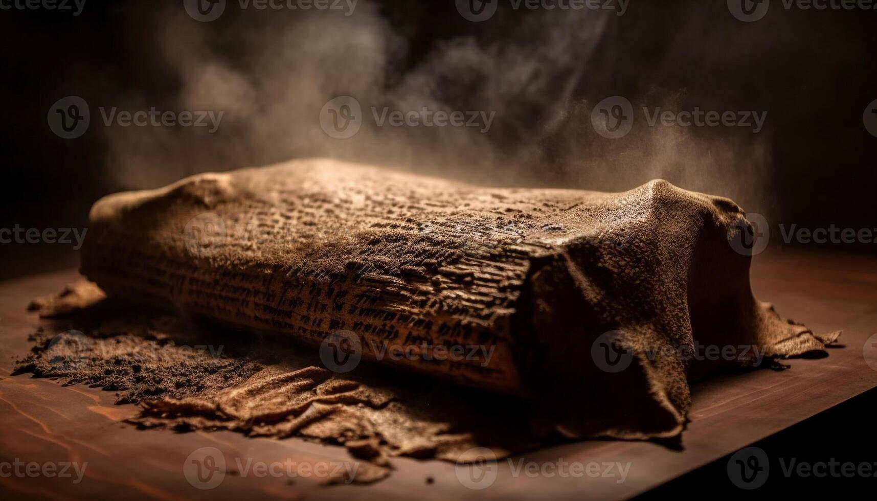 Bible, old and antique, on rustic table generated by AI photo