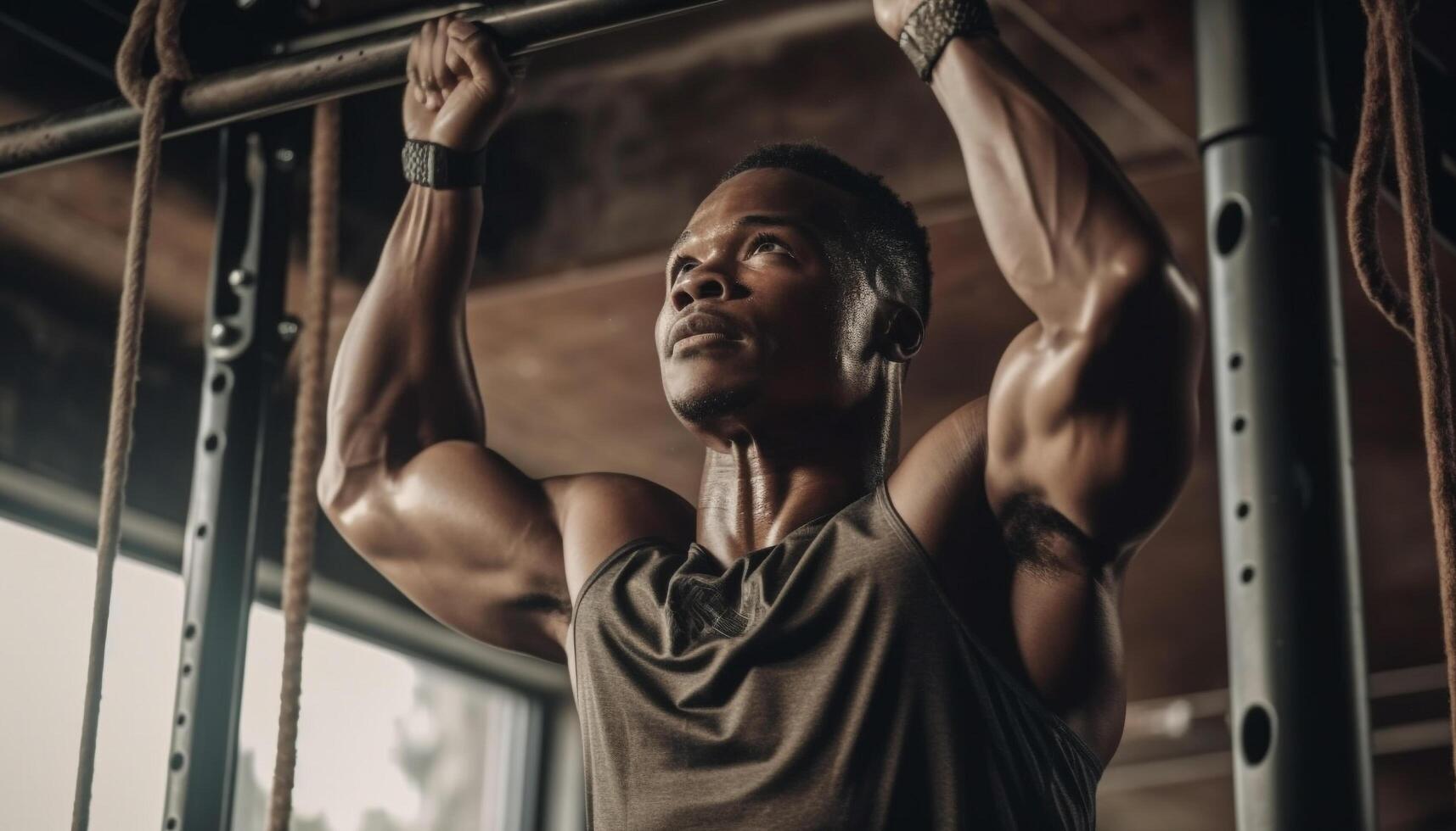 Muscular athlete exercising strength in health club gym generated by AI photo