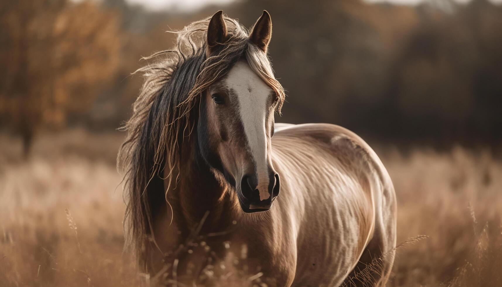 Stallion grazes in tranquil meadow at sunset generated by AI photo