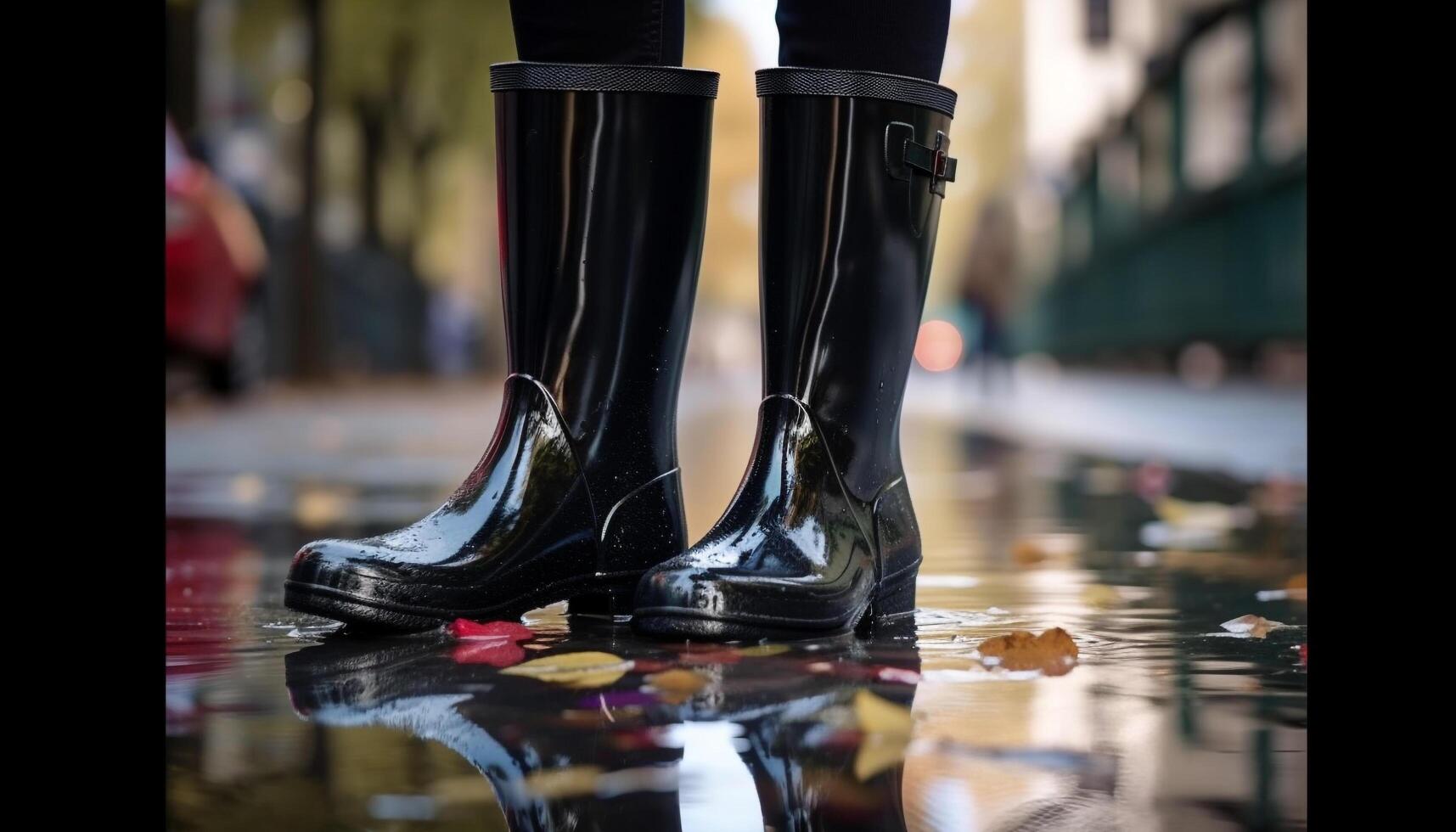 un mujer mojado zapato refleja otoño elegancia generado por ai foto