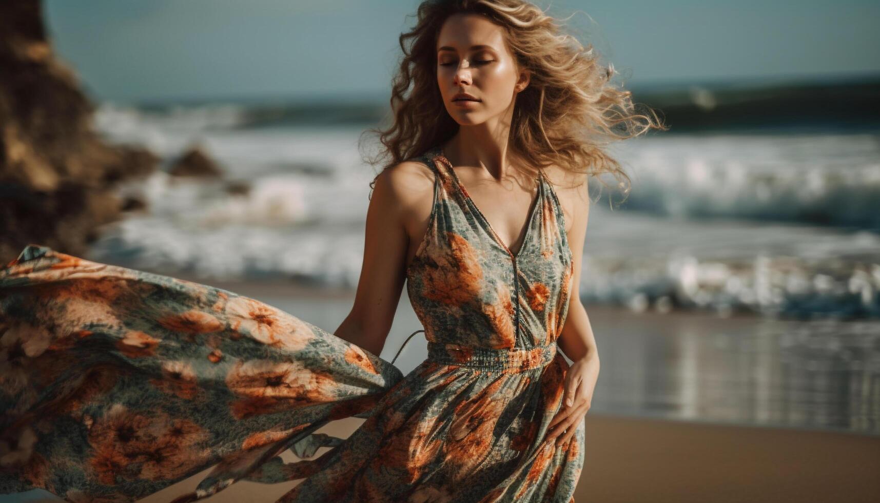 One woman standing by water, enjoying summer generated by AI photo