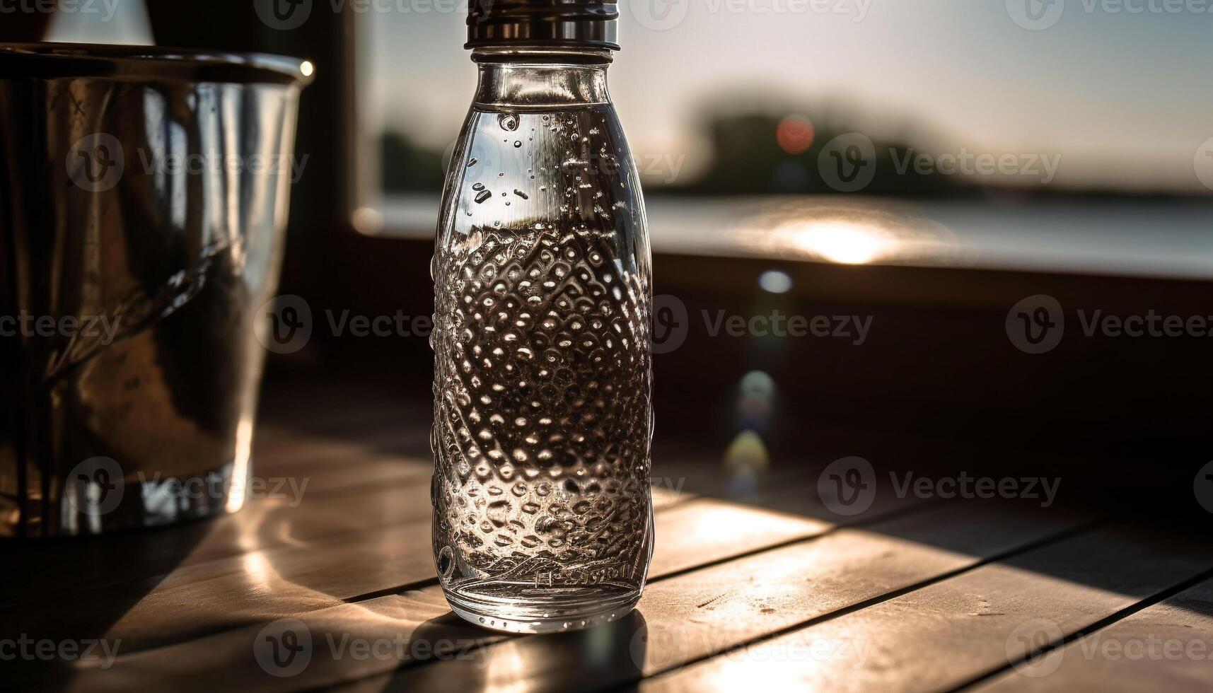 Refreshing liquid in glass bottle on wooden table generated by AI photo