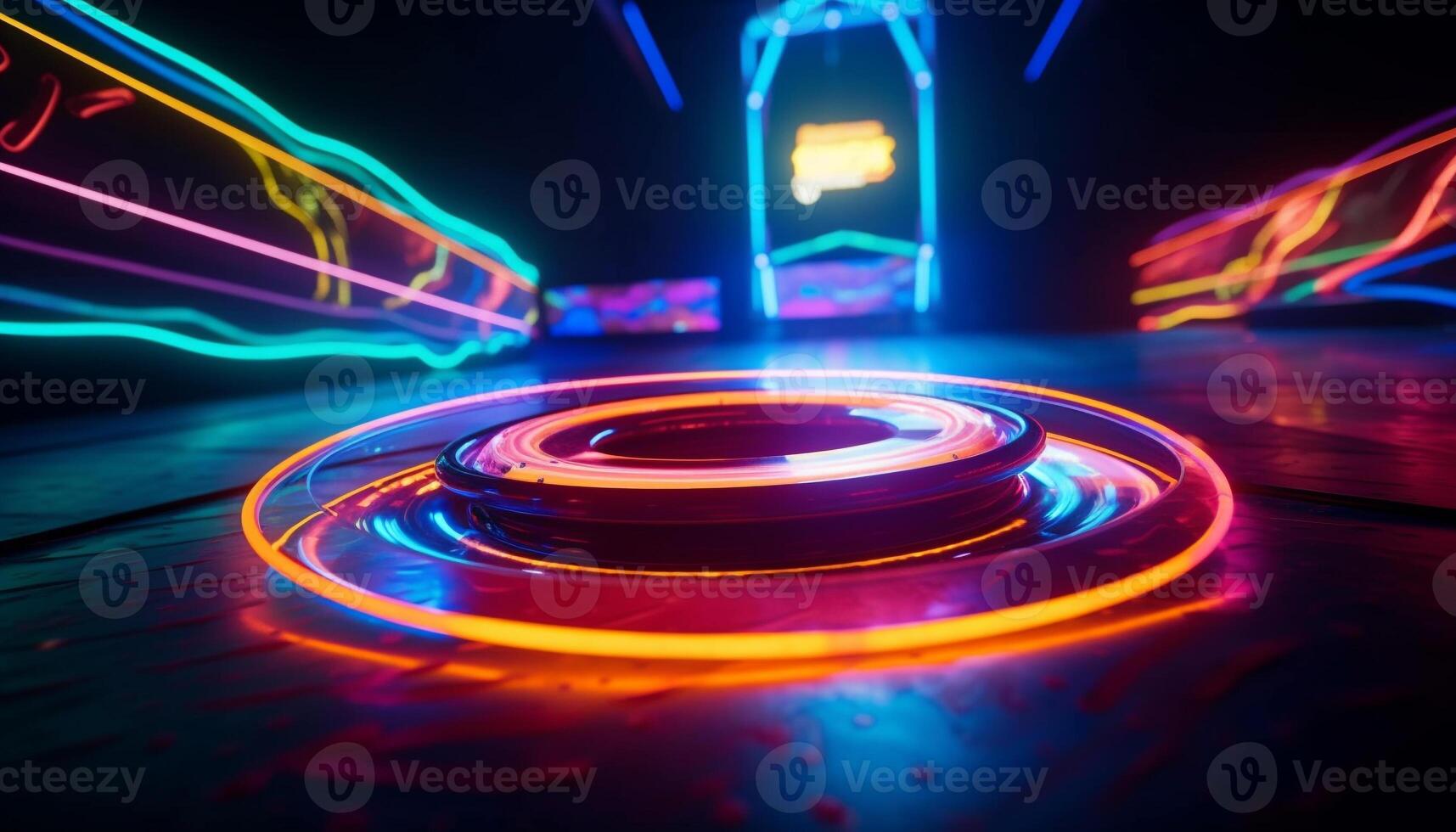 Glowing car races through futuristic club scene generated by AI photo