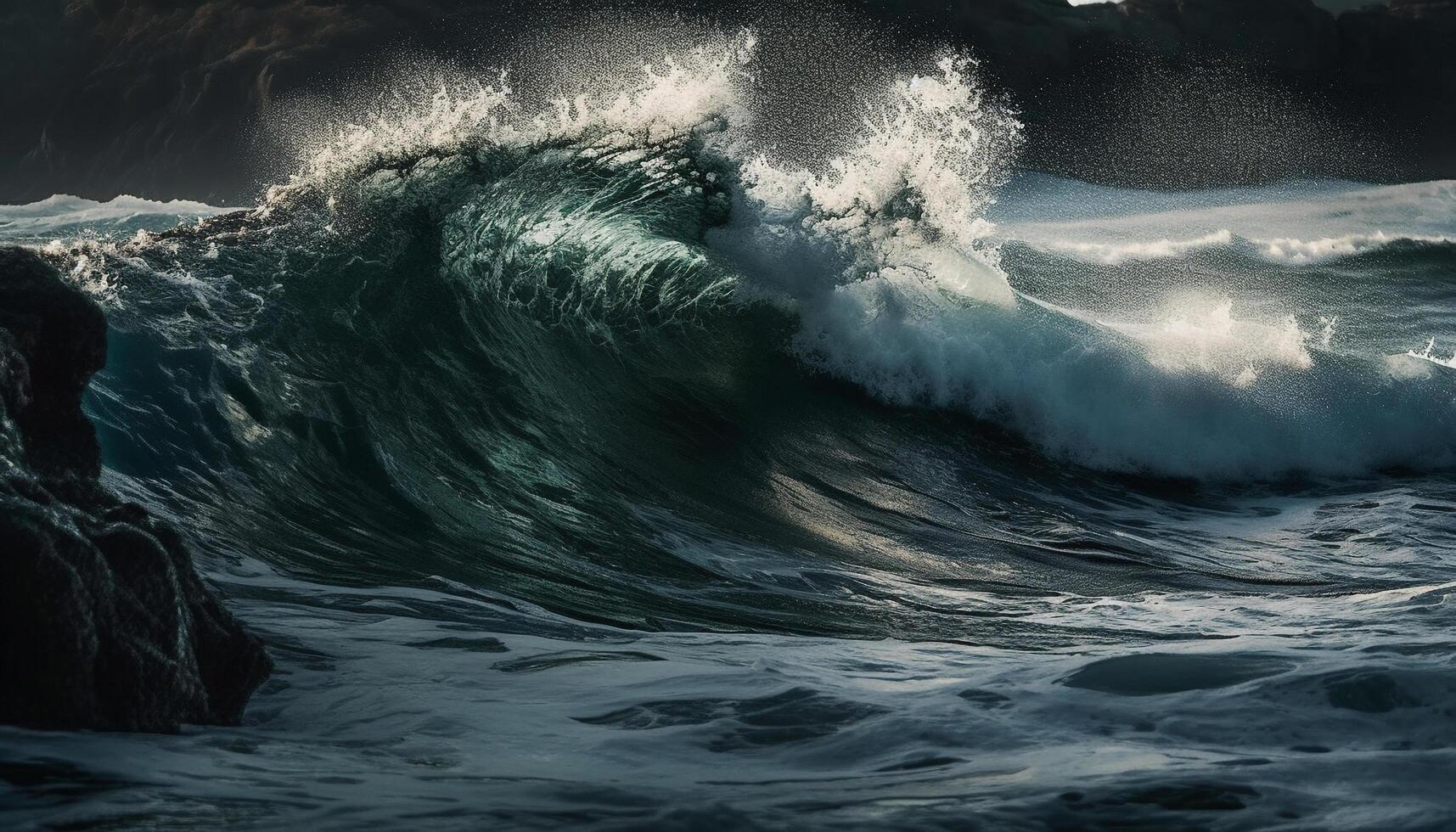 Splashing waves crashing on dark rocky shoreline generated by AI photo