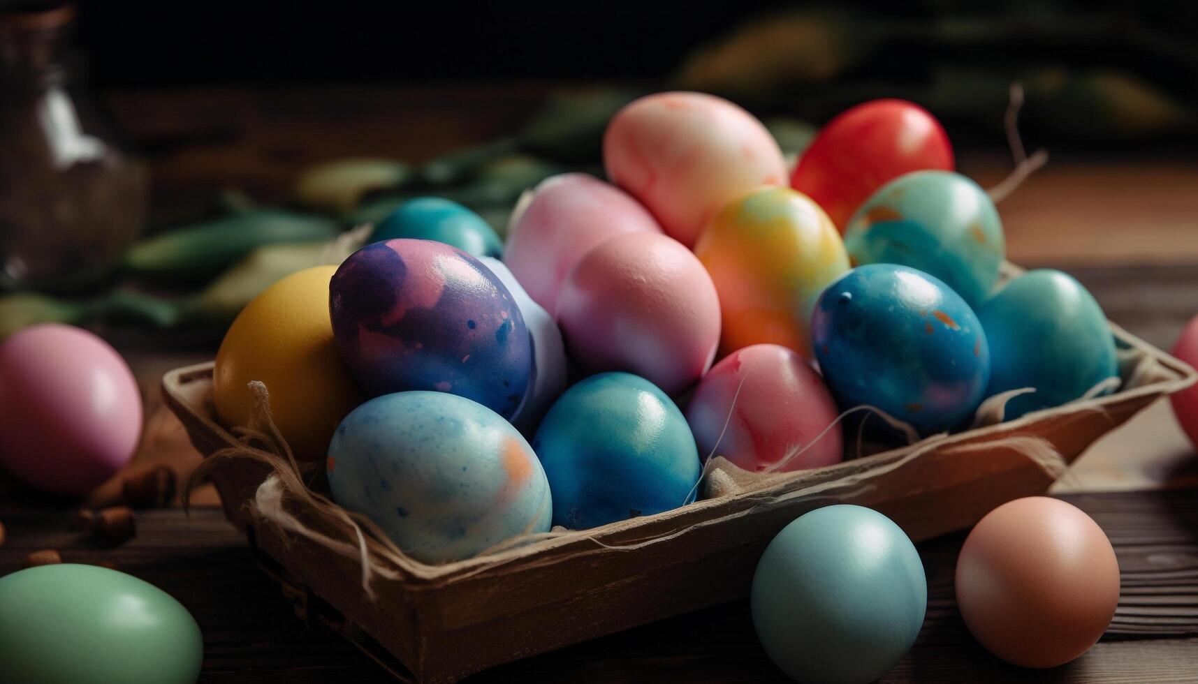 Springtime celebration, a basket of colorful eggs generated by AI photo