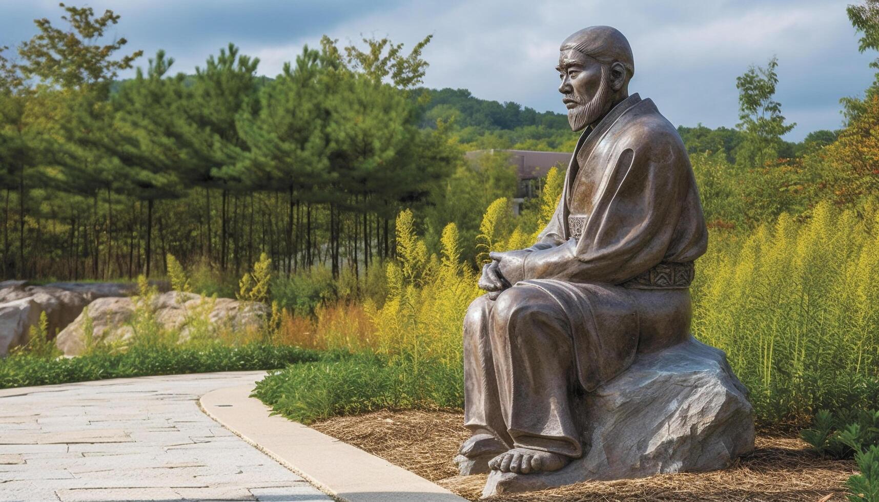 Meditating monk in nature, surrounded by history generated by AI photo