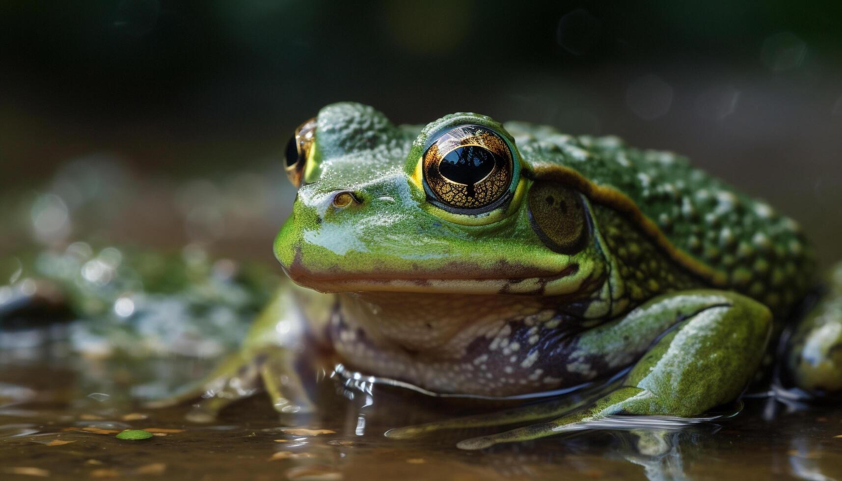 Small green toad sitting in wet pond generated by AI photo