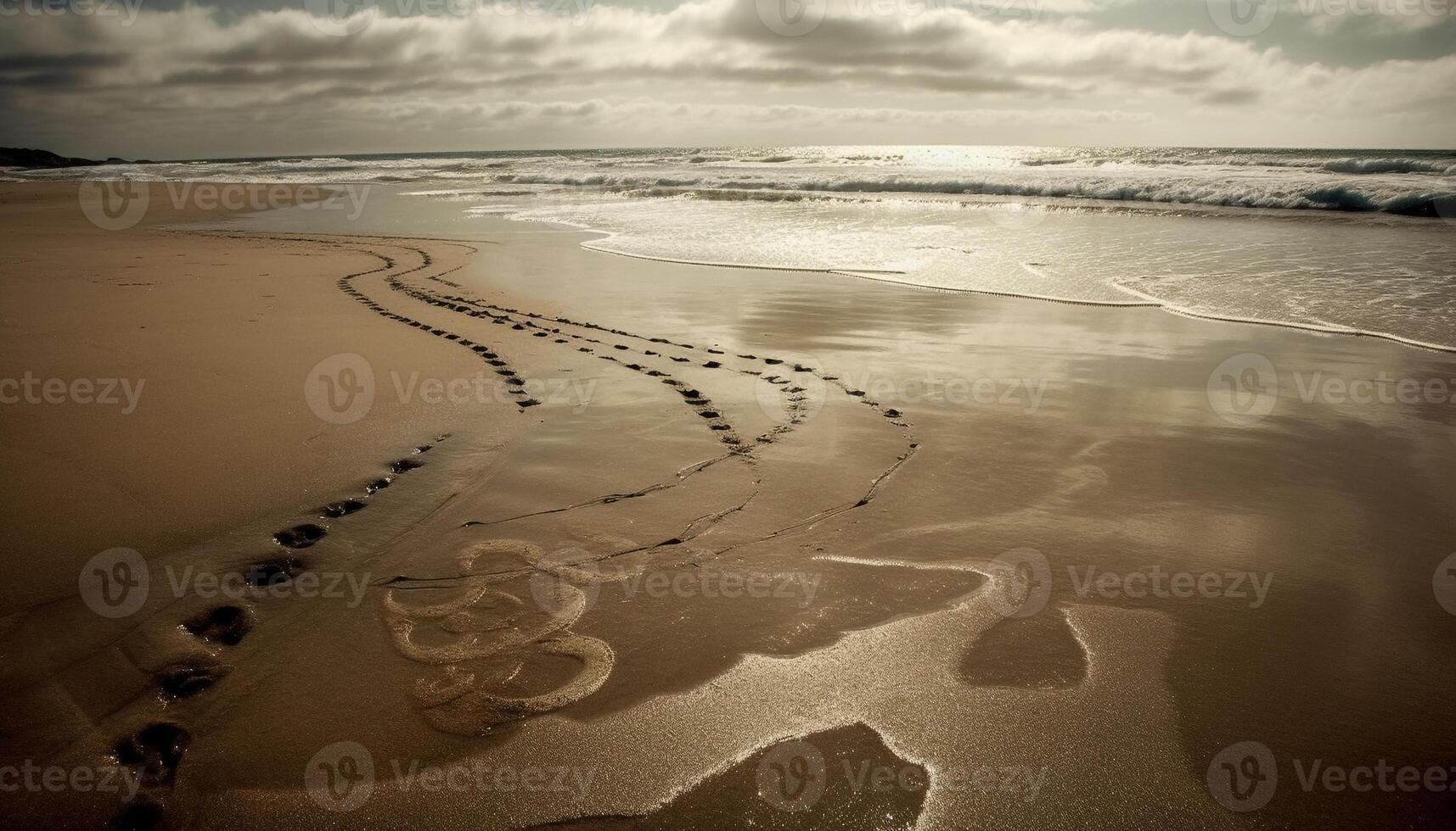 Wet footprint on tranquil coastline at dusk generated by AI photo