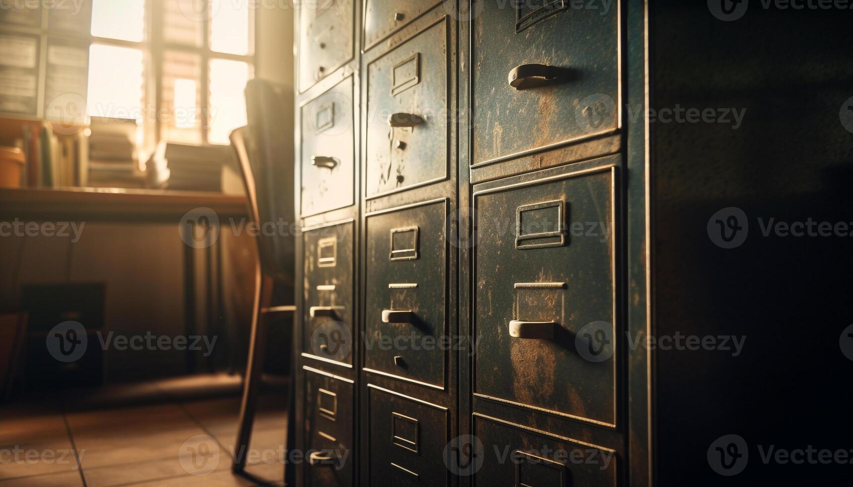 Old fashioned filing cabinet inside modern office shelf generated by AI photo