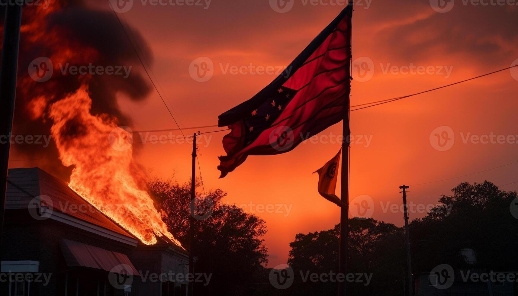 A blazing orange sun sets atop the flagpole generated by AI photo
