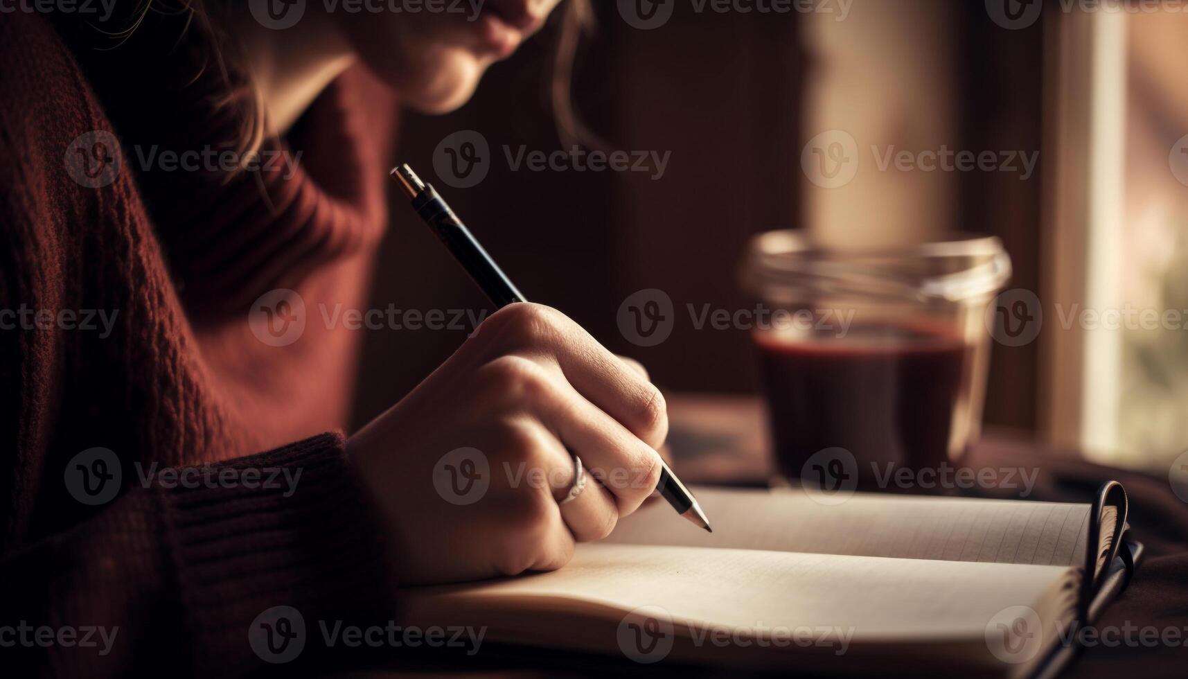 Young adult studying at desk, holding pencil generated by AI photo