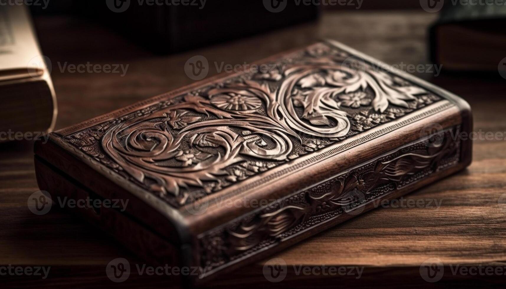 antiguo cuero Biblia libro cubrir, florido decoración generado por ai foto