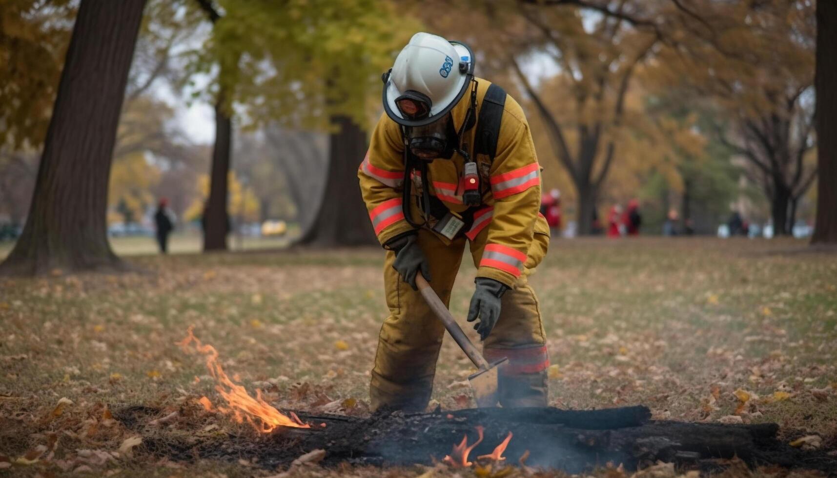 Caucasian firefighter protects forest from autumn inferno generated by AI photo