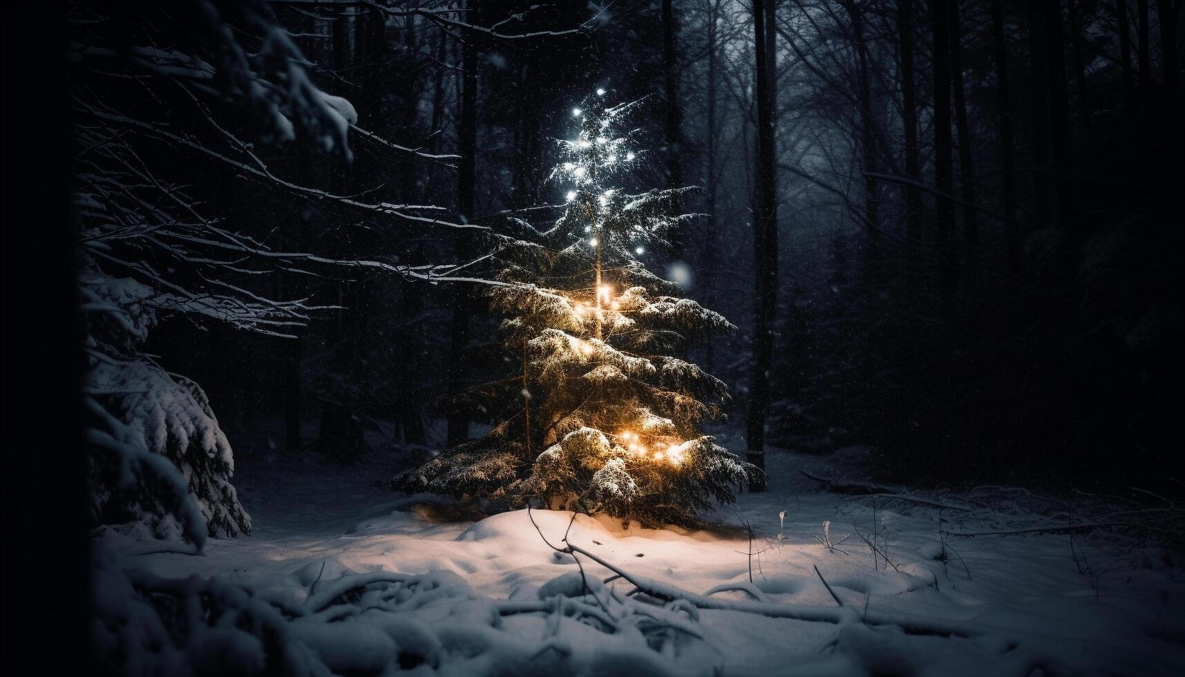 Frosty pine tree branches illuminate tranquil winter night generated by AI photo